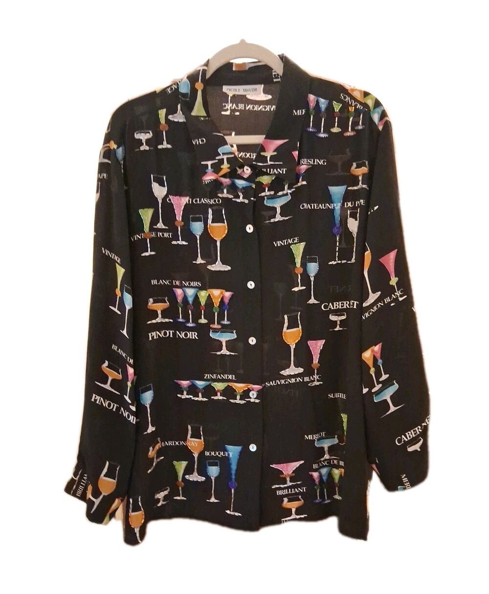 Vintage Nicole Taylor Women XXL Silk Black Beaded Wine Themed Button Blouse